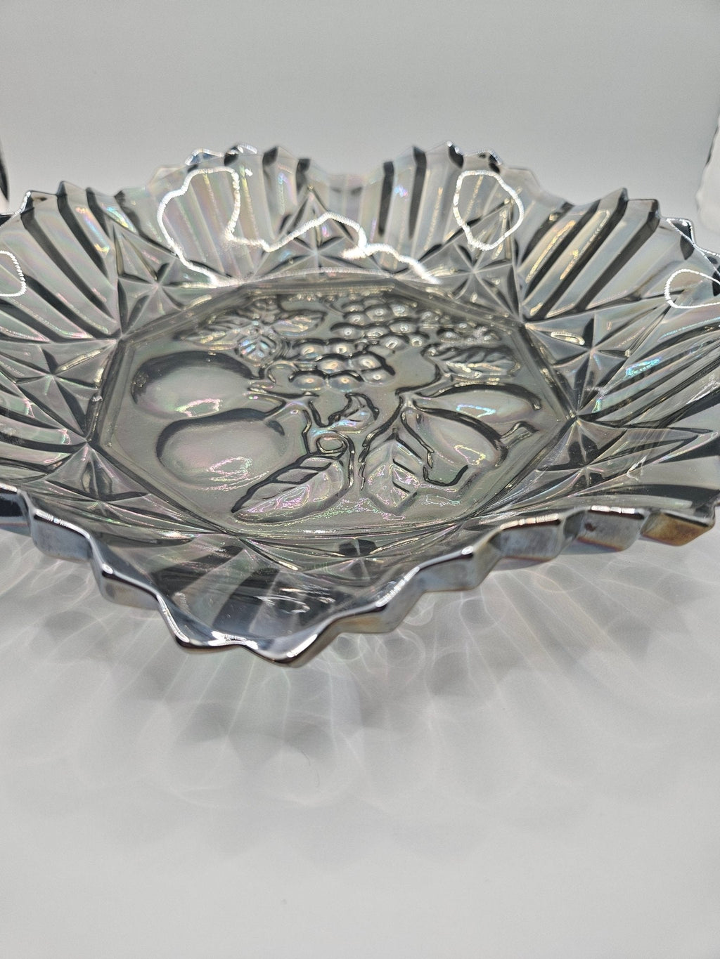 Vintage Grey Carnival Glass Bowl With Fluted Edges & Raised Fruit Bottom