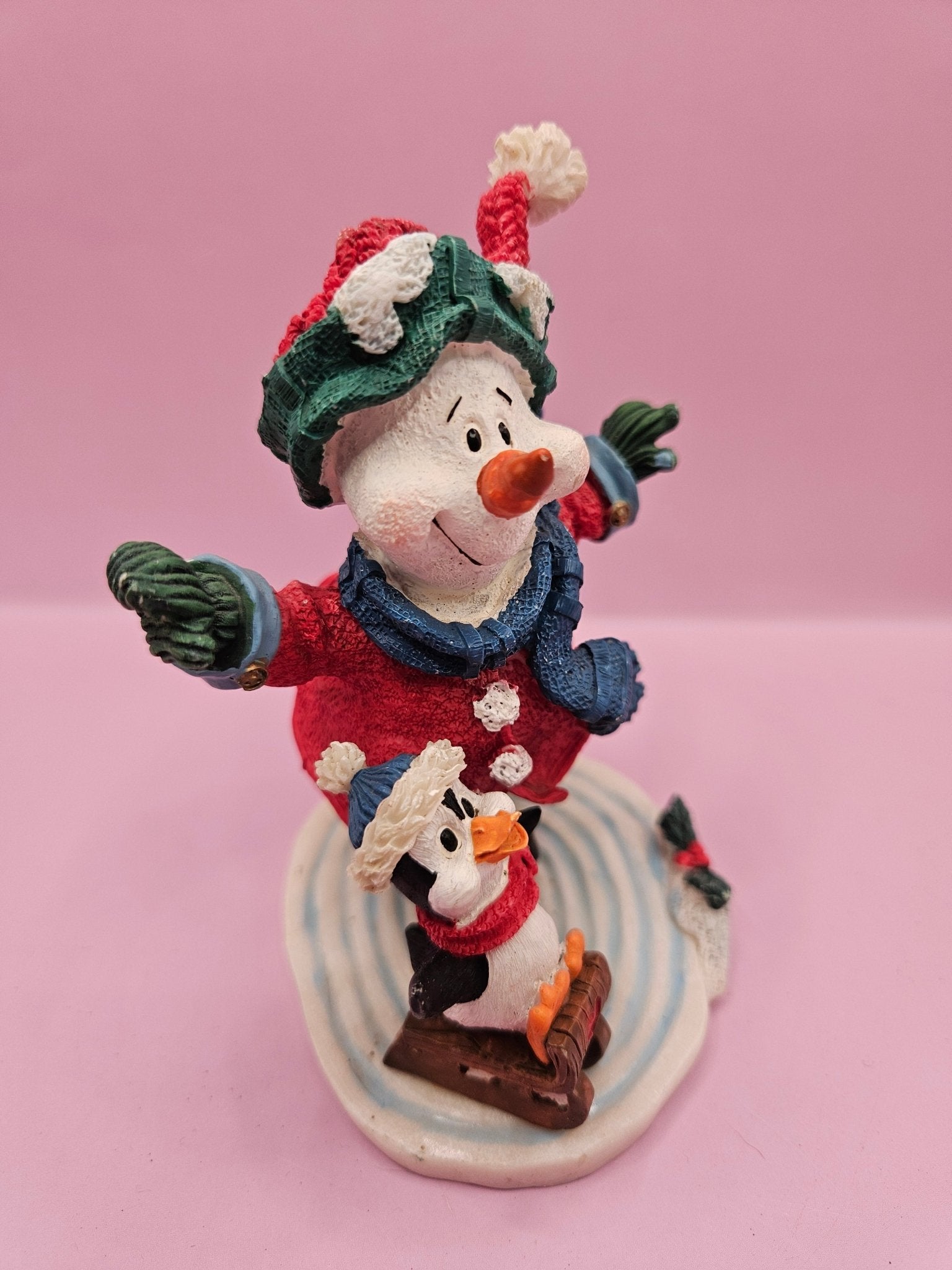 Vintage Ice Skating Snowman and Penguin Figurine (4.5" x 4")