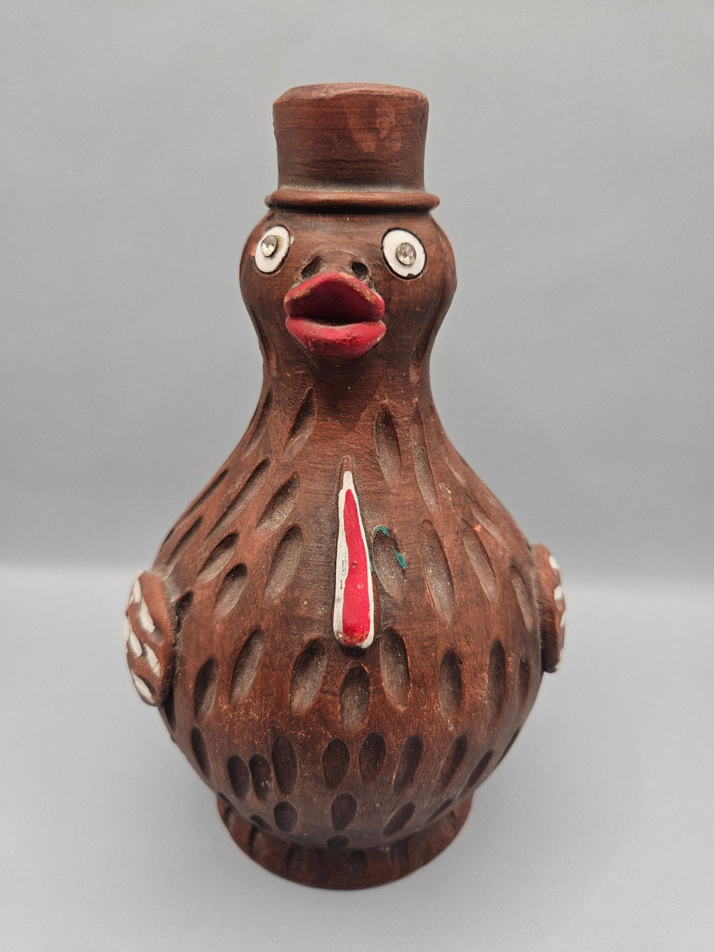 Vintage Mexican Terracotta Hand Painted Turkey Bird Piggy Bank with Top Hat -6.5"x4"