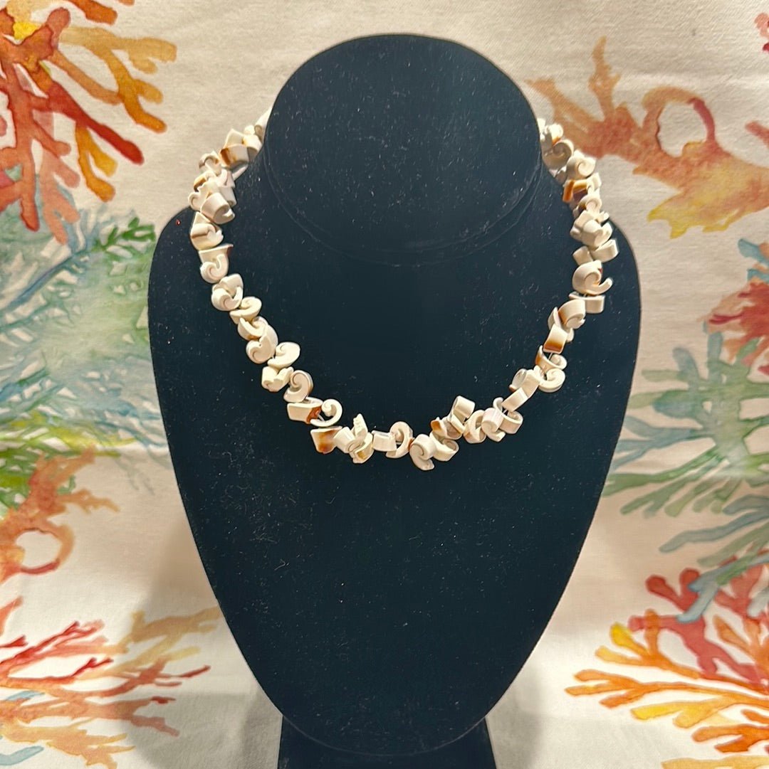Vintage White and Brown Spiral Carved Shell Necklace - Handmade Coastal Jewelry
