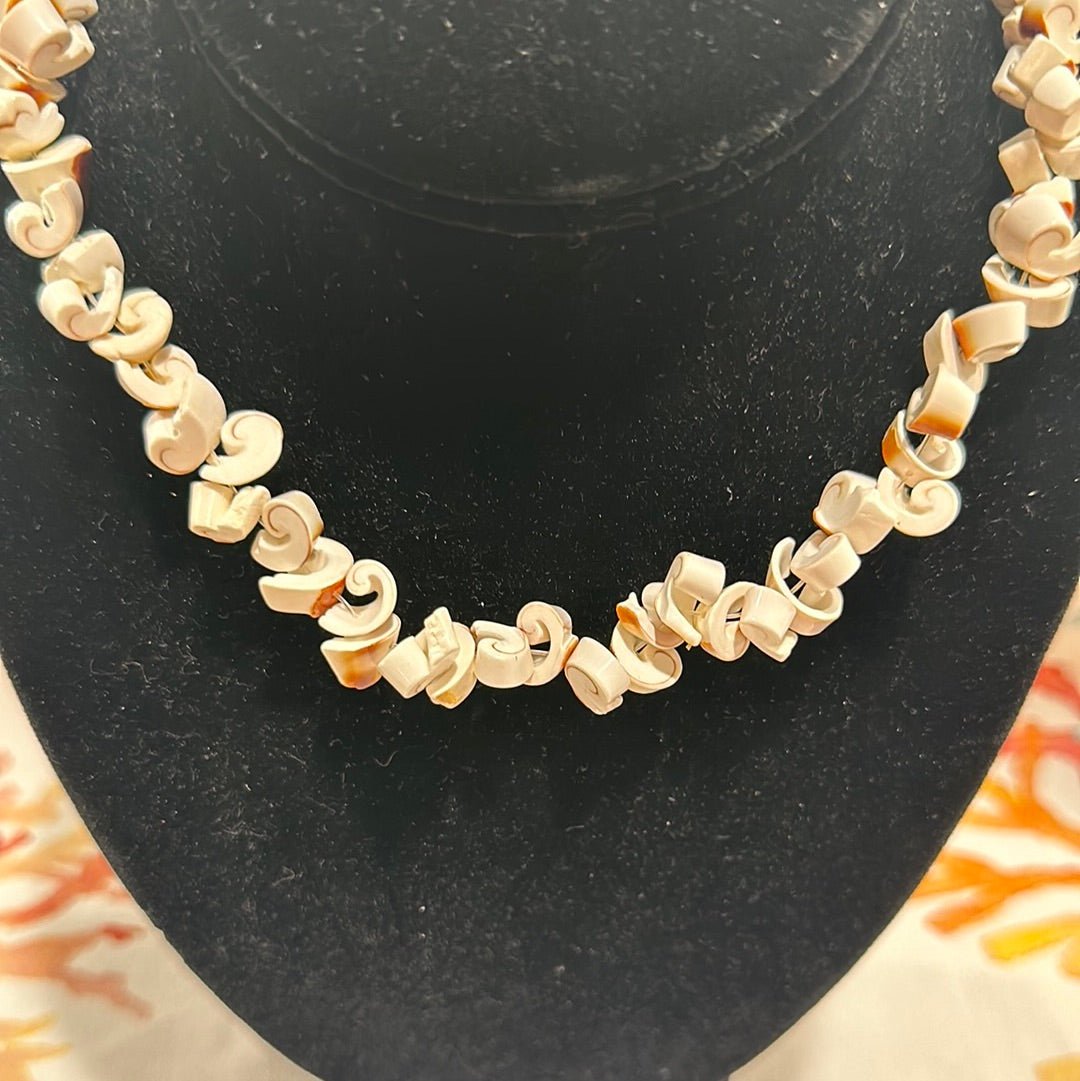 Vintage White and Brown Spiral Carved Shell Necklace - Handmade Coastal Jewelry