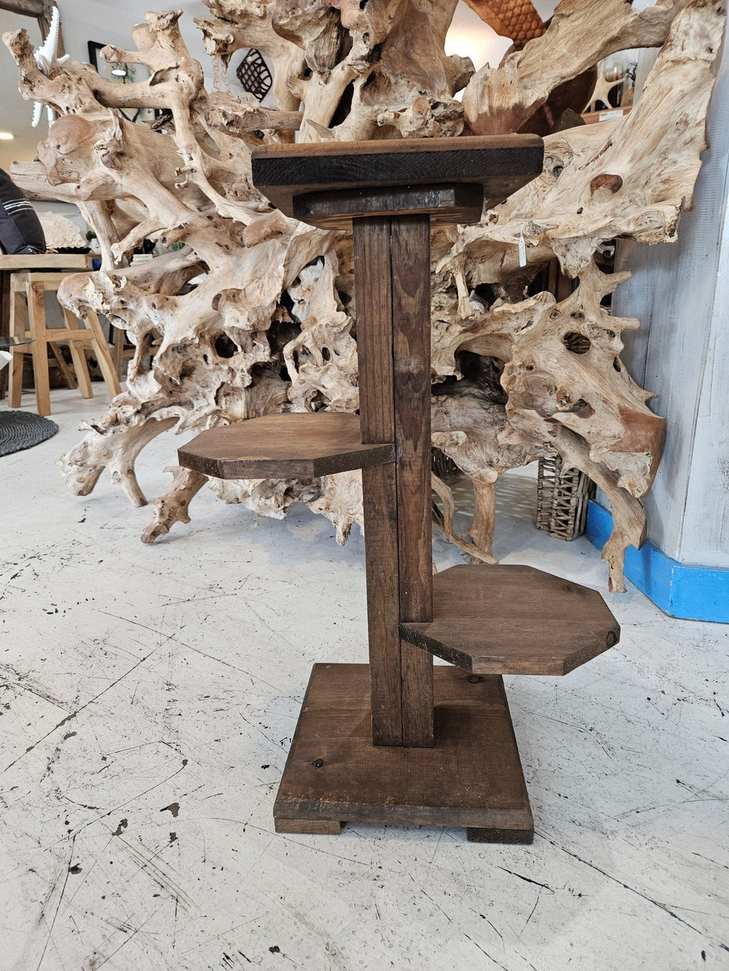 Vintage Wooden Plant Stand with Ceramic Tile Top – 27.5" x 17.5" x 9.5