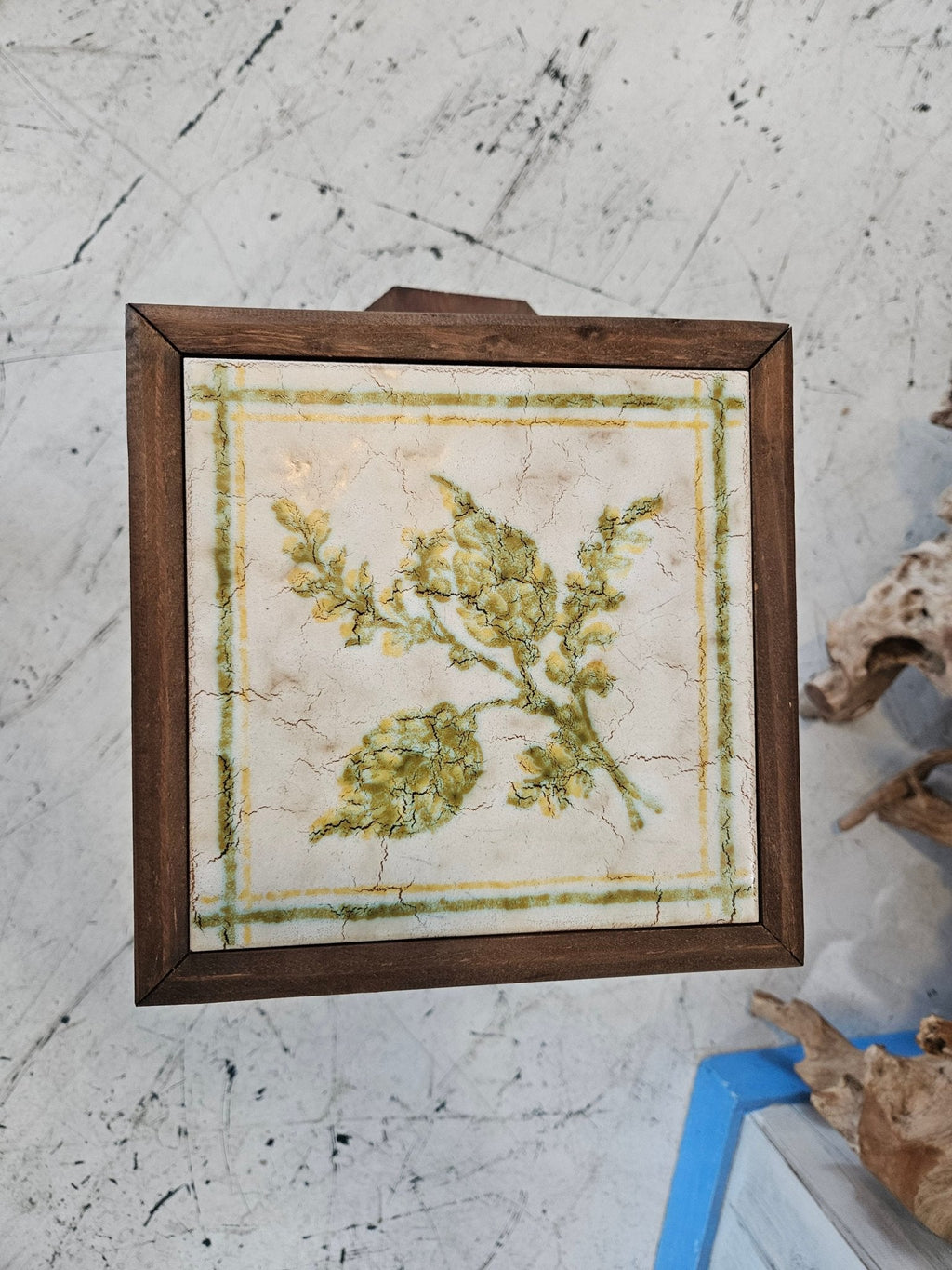 Vintage Wooden Plant Stand with Ceramic Tile Top – 27.5" x 17.5" x 9.5