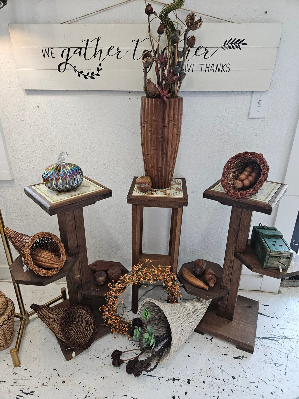 Vintage Wooden Plant Stand with Ceramic Tile Top – 27.5" x 17.5" x 9.5