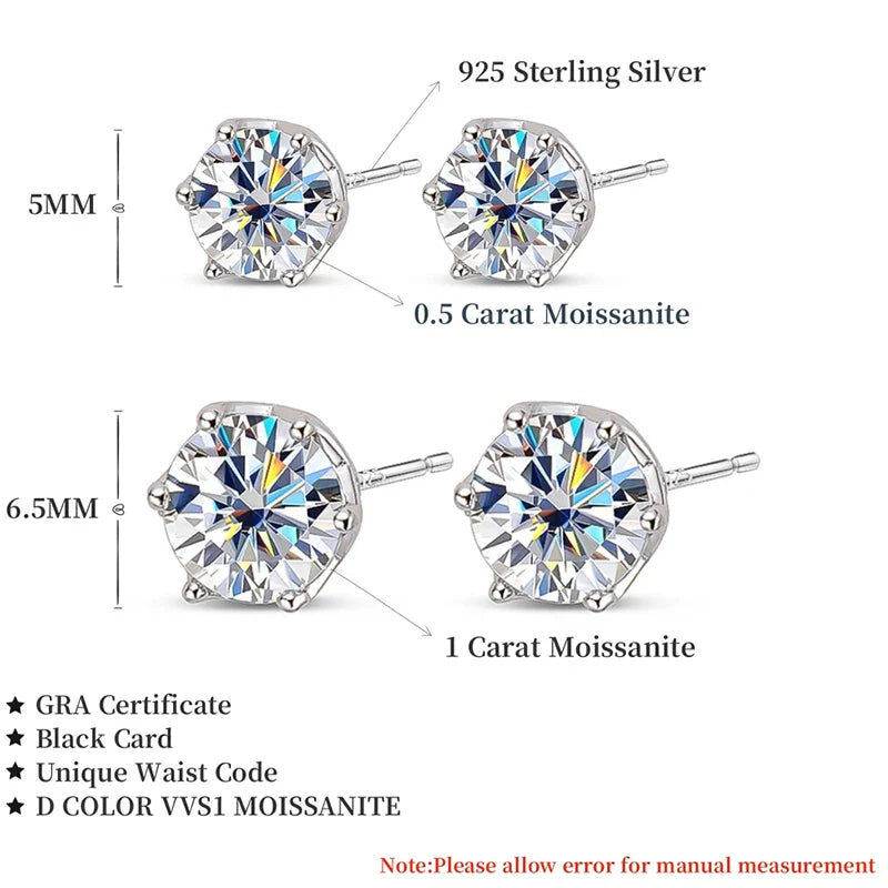 VVS D Color Russian Cut Moissanite Stud Earrings 1/2/4 CT S925 Sterling Silver