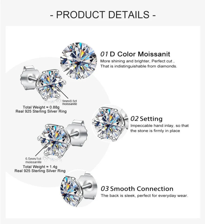 VVS D Color Russian Cut Moissanite Stud Earrings 1/2/4 CT S925 Sterling Silver
