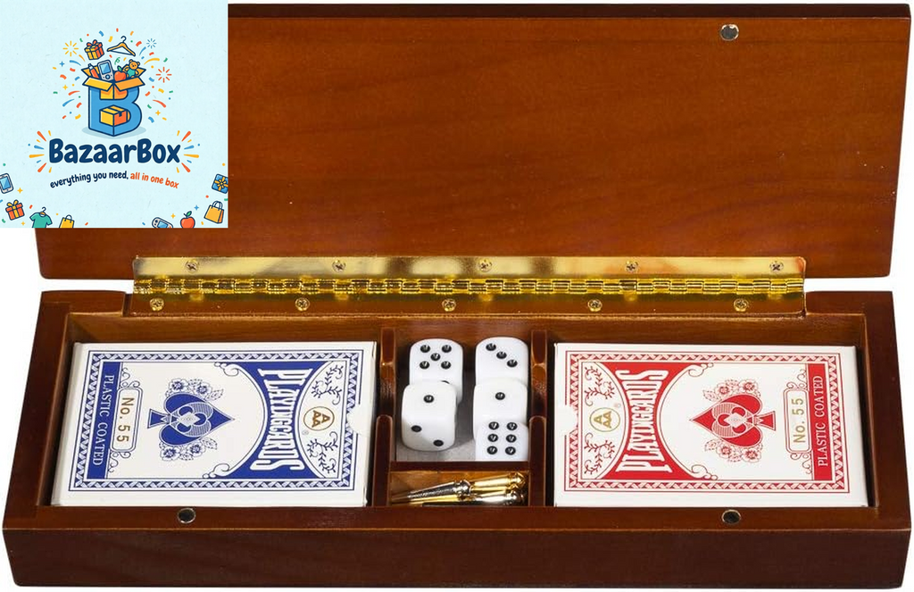 3 Player Wood Cribbage Set - Easy Grip Pegs and 2 Decks of Cards inside of Board - Walnut Stained
