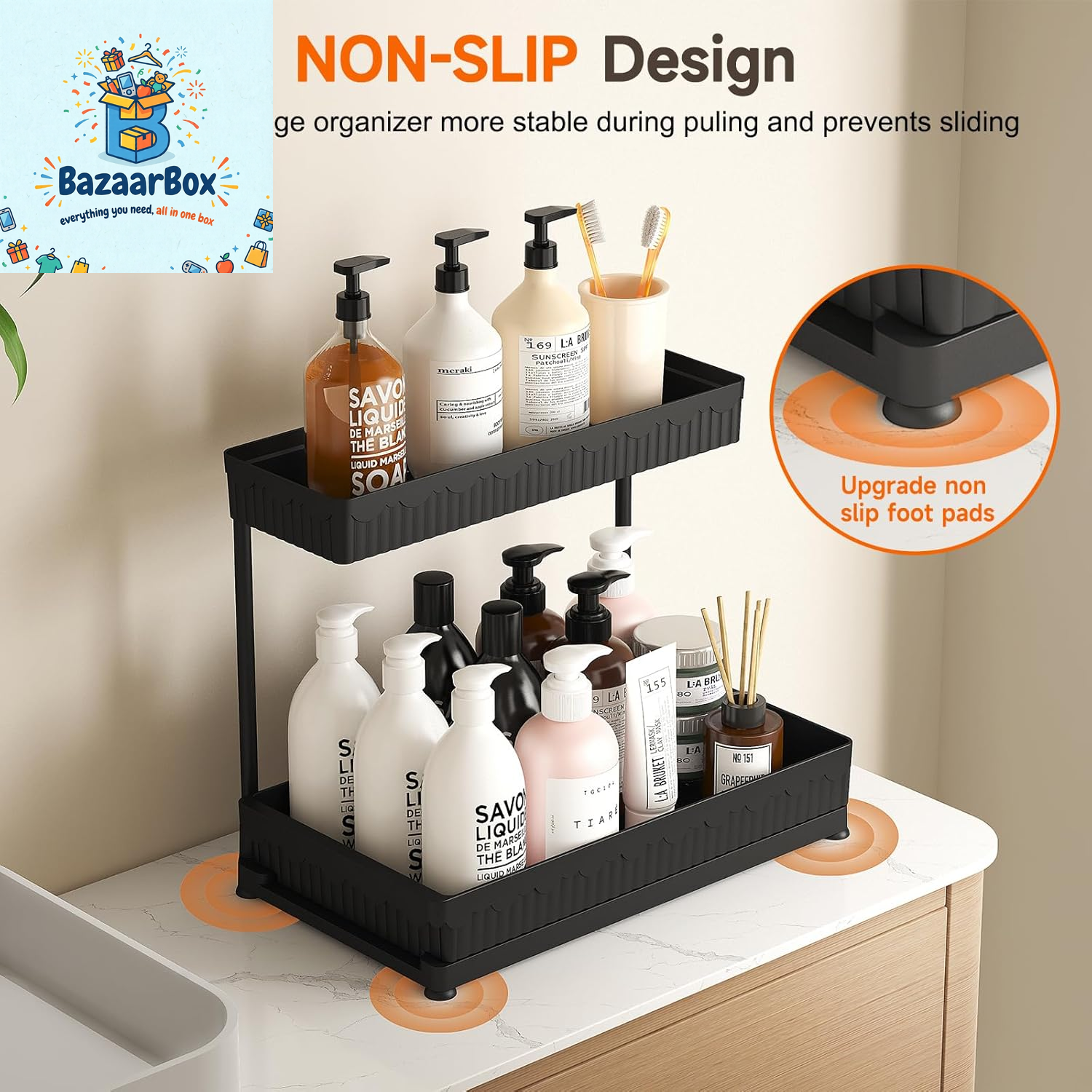 3 Pack Multi-Purpose under Sink Organizers and Storage, 2026 L-Shaped Pull Out Cabinet Organizer for Bathroom & Kitchen, under Cabinet Organizer with Hooks Hanging Cup, Black