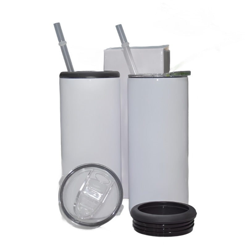 Refroidisseur de canettes à sublimation vierge de 16oz avec 2 couvercles à visser, gobelet droit blanc en acier inoxydable à double isolation