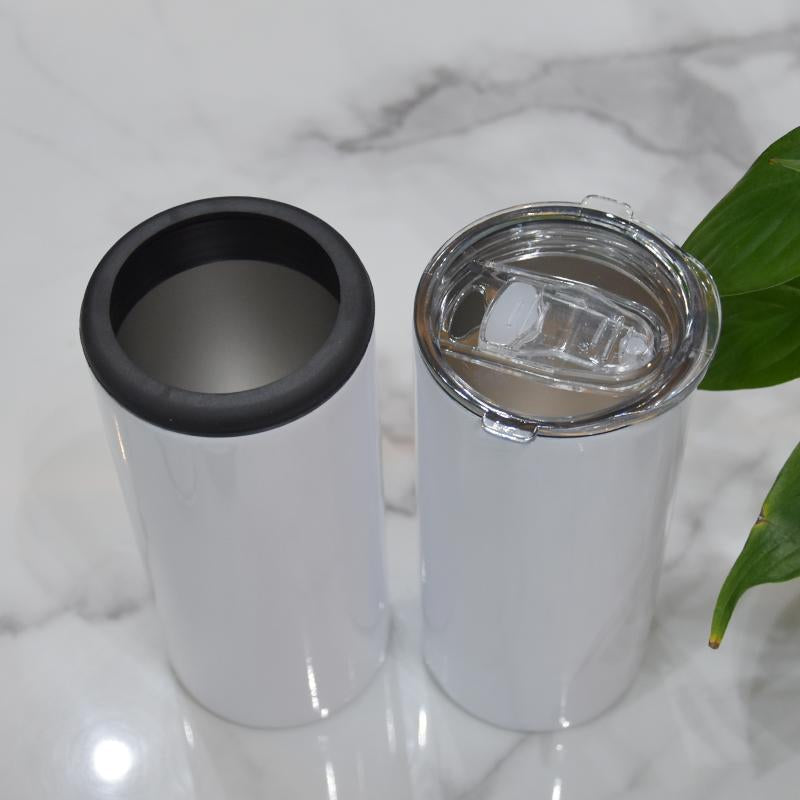 Refroidisseur de canettes à sublimation vierge de 16oz avec 2 couvercles à visser, gobelet droit blanc en acier inoxydable à double isolation