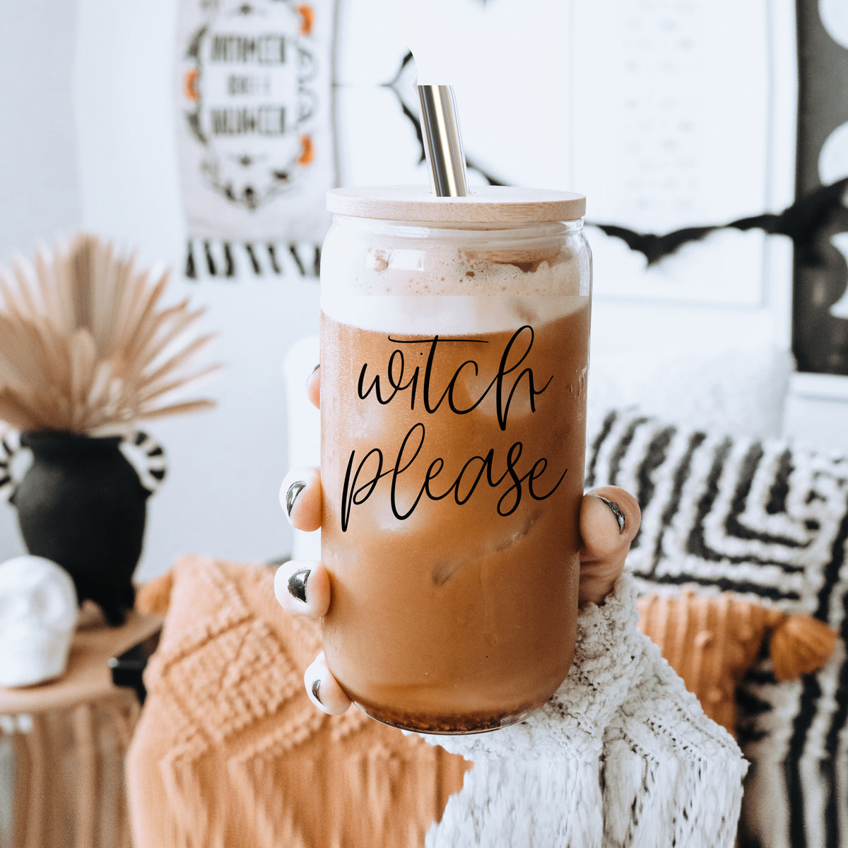Witch Please 17oz Glass Tumbler With Bamboo Lid Stainless Straws And Cleaner