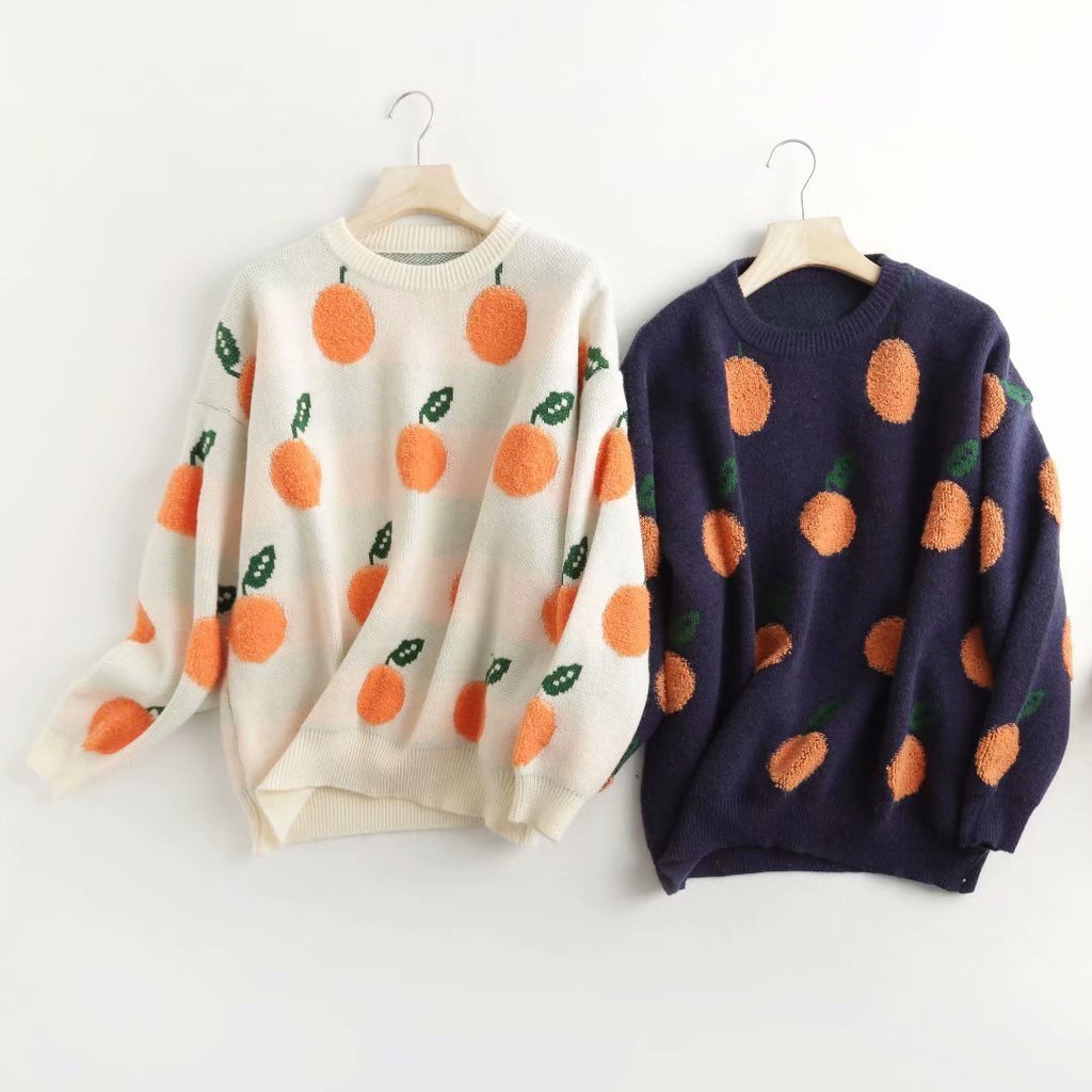 Women's Fruit Jacquard Loose Round Neck Sweater - # GIAA23510041