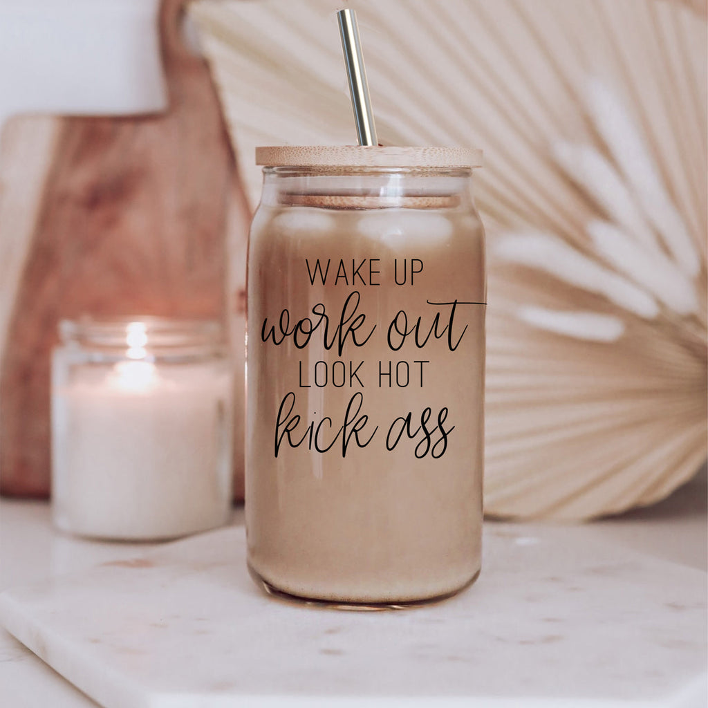 Wake Up Look Hot 17oz Glass Tumbler With Bamboo Lid - Motivational Coffee Cup