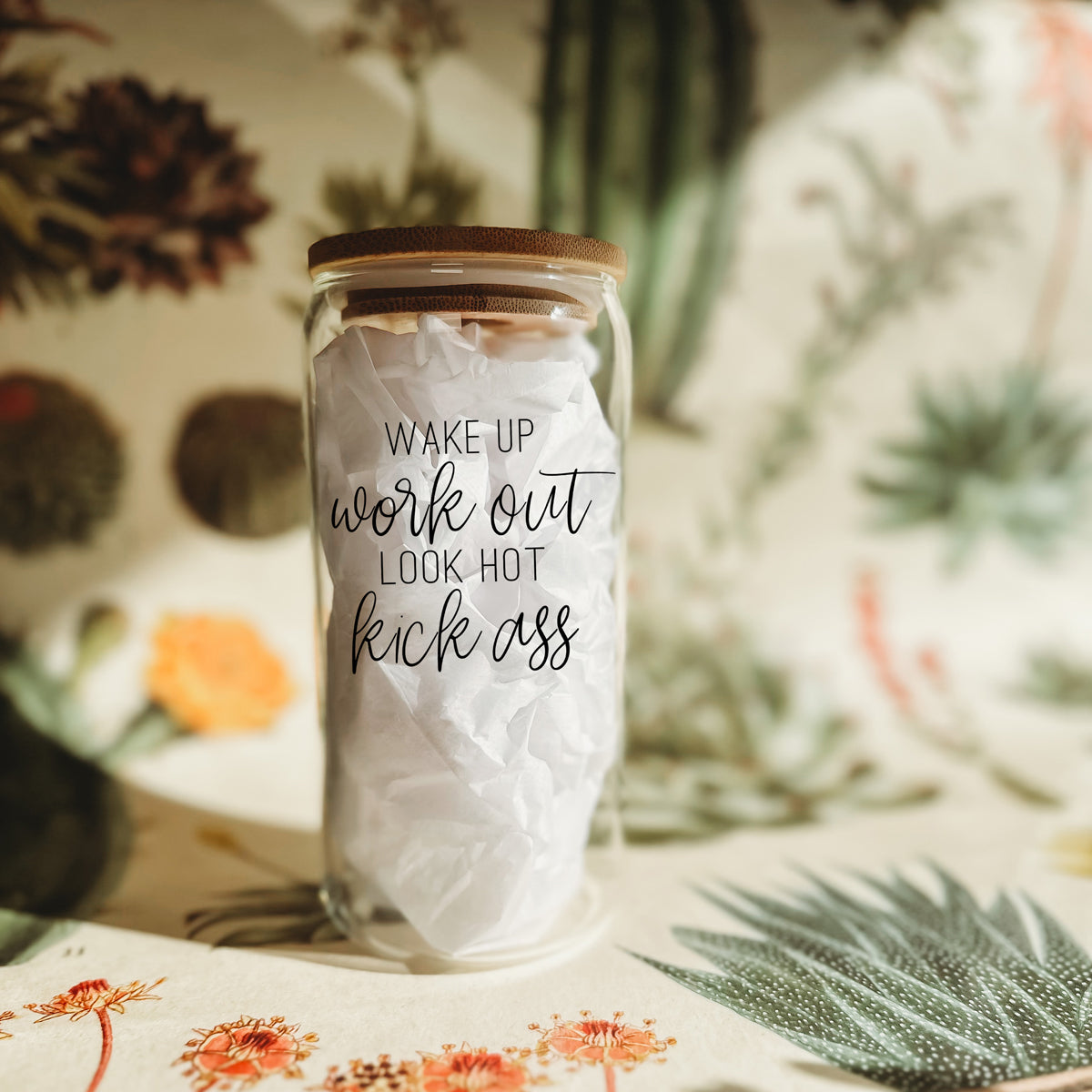 Wake Up Look Hot 17oz Glass Tumbler With Bamboo Lid - Motivational Coffee Cup