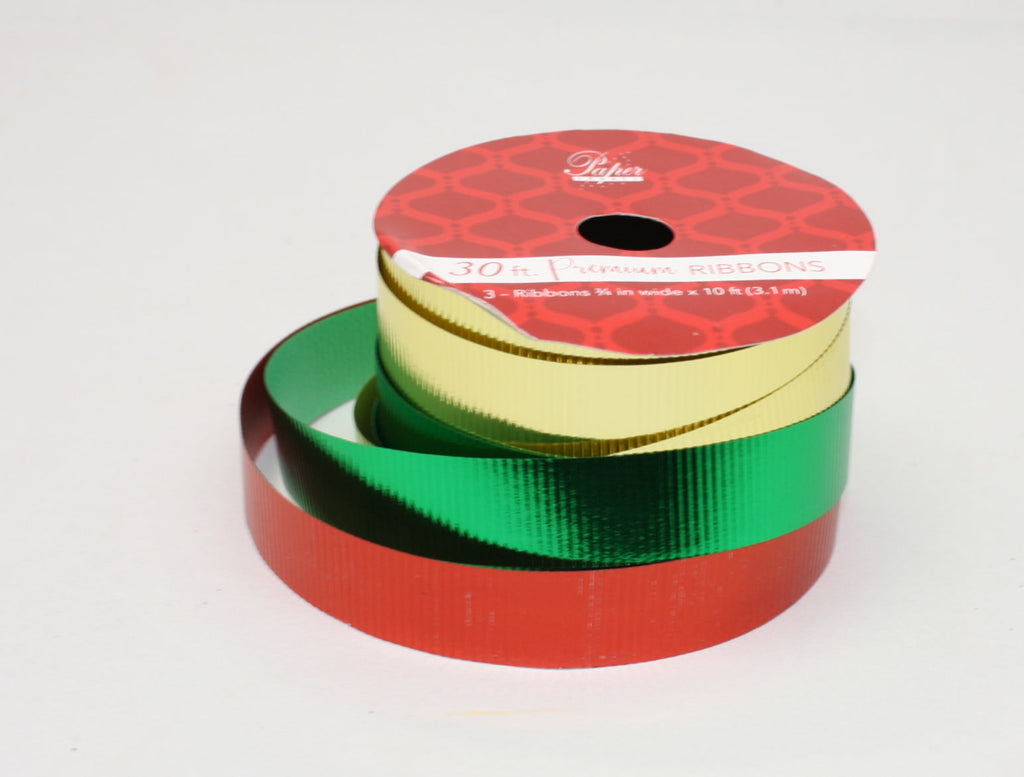 10 Foot Premium Ribbon 3 Piece Set - Red/Green/Gold